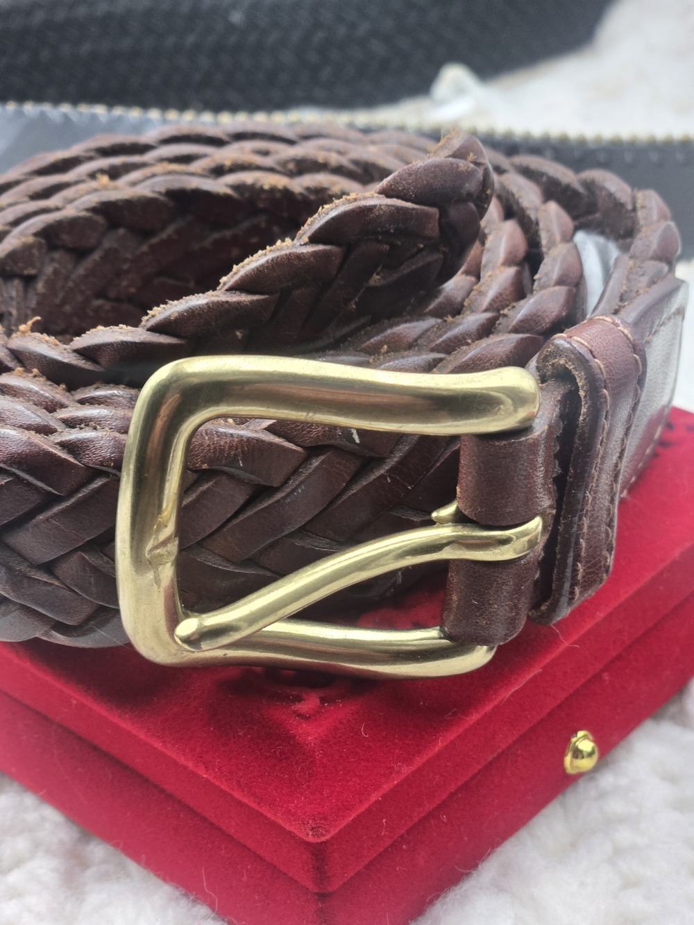 Braided Brown Leather Belt with Brass Buckle - Men